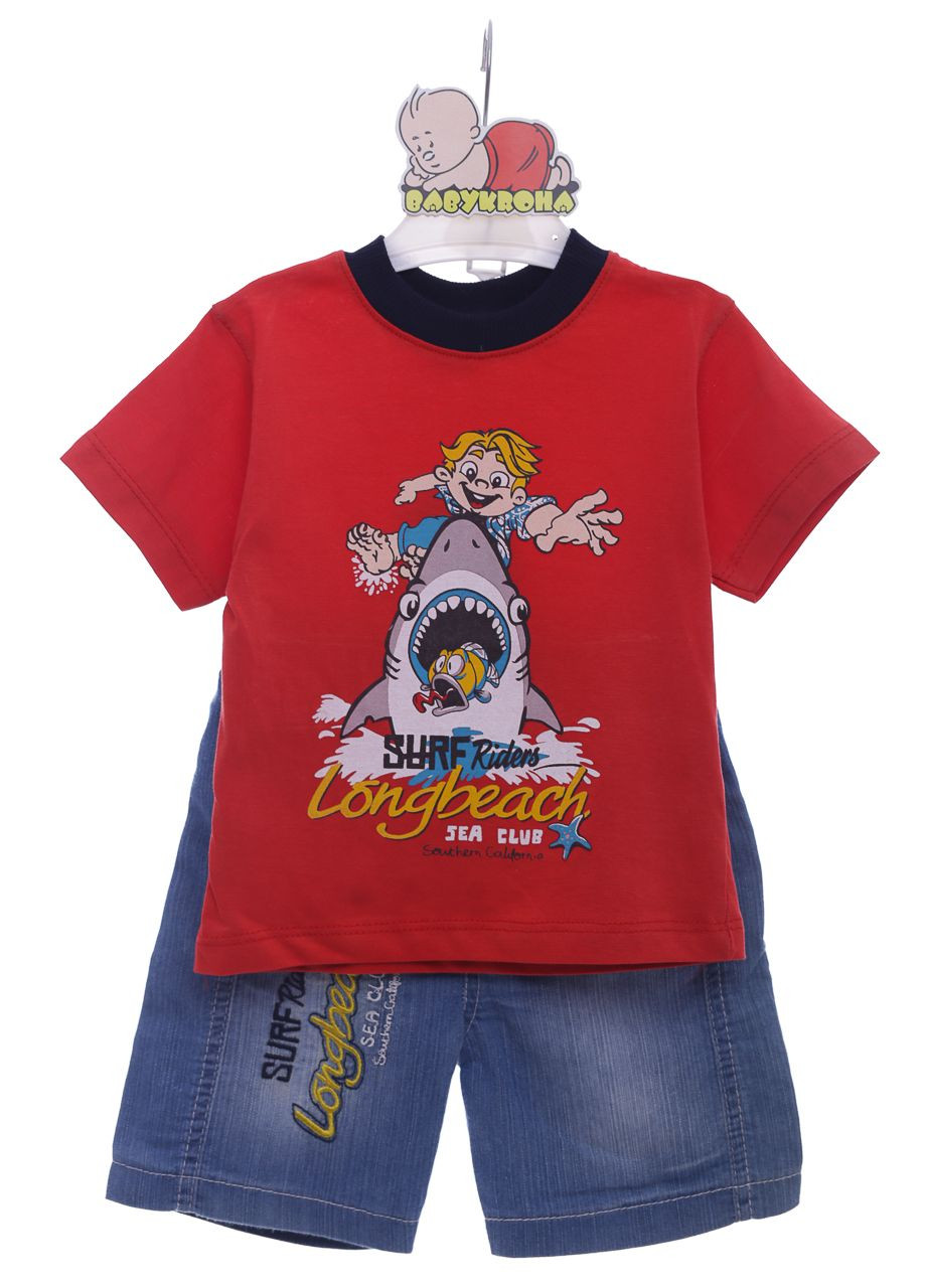Червоний літній джинсові шорти з футболкою для хлопчика акула червоний 92 см (37842) BABYKROHA