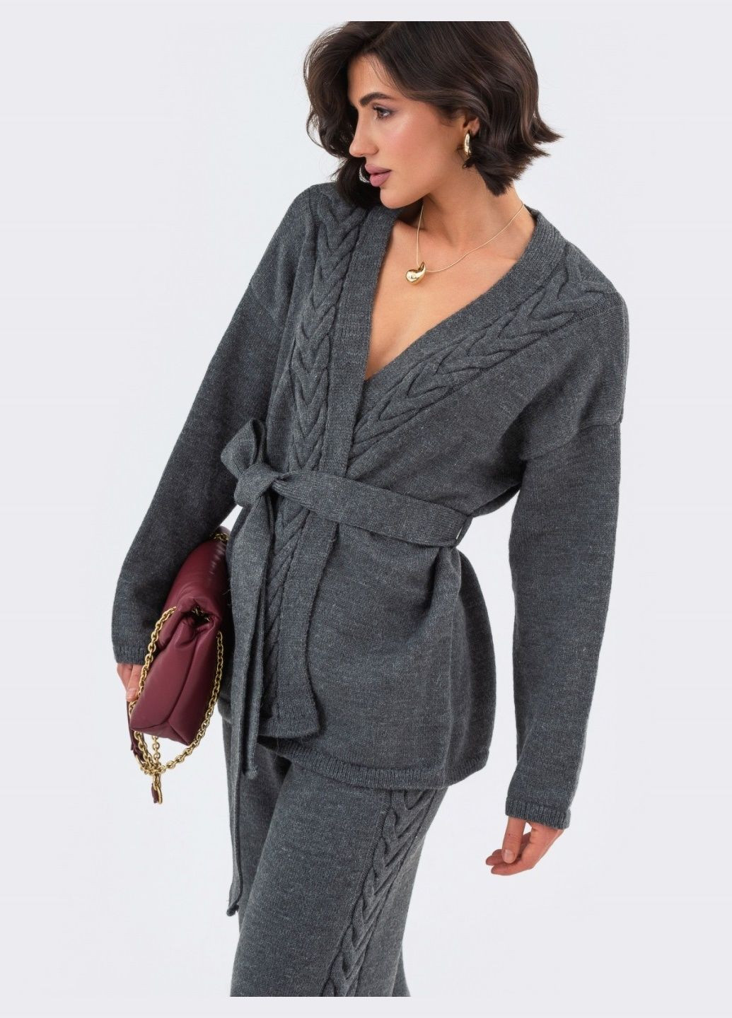 в'язаний костюм з брюками та поясом темно-сірий Dressa (278802360)