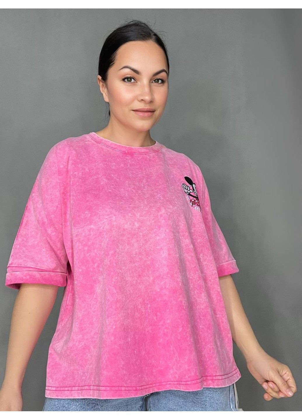 Футболка женская A-N 26030 вареная тай-дай оверсайз с вышивкой Mickey Mouse No Brand - (330457442)
