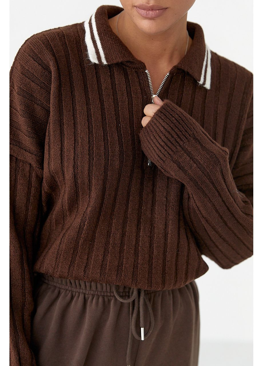 Коричневий демісезонний в'язана кофта-поло в широкий рубчик Byron
