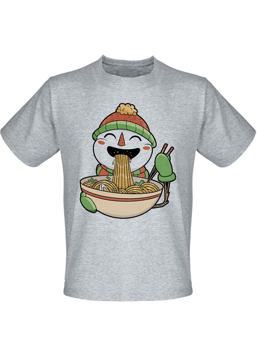 Серая футболка новогодняя snowman eatin ramen (меланж) Fat Cat