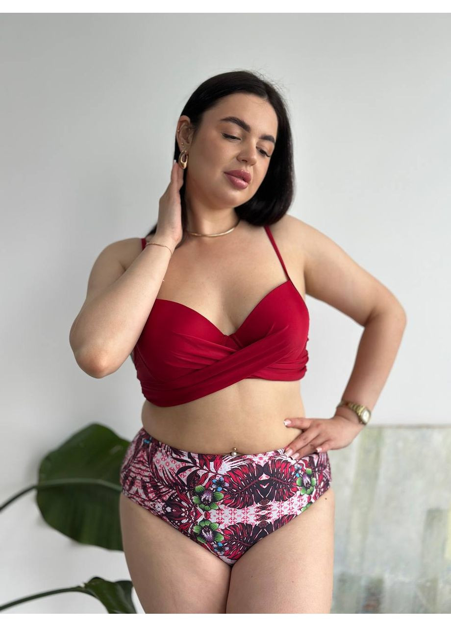 Бордовый летний женский купальник раздельный plus size батал раздельный No Brand