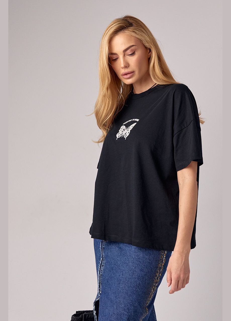 Чорна літня жіноча футболка oversize з метеликом Lurex