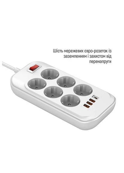 Сетевой фильтр питания (CW-CHE64PDW) Colorway CW-CHE64PDW, 6 розеток/4USB 2M (400051132)