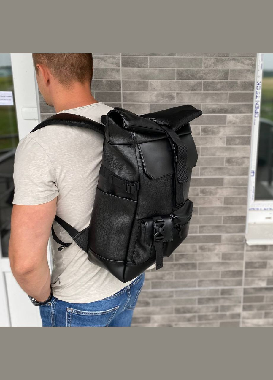 Рюкзак для города и путешествий Роллтоп черная экокожа вместительный портфель Travel Bag black No Brand (294335309)