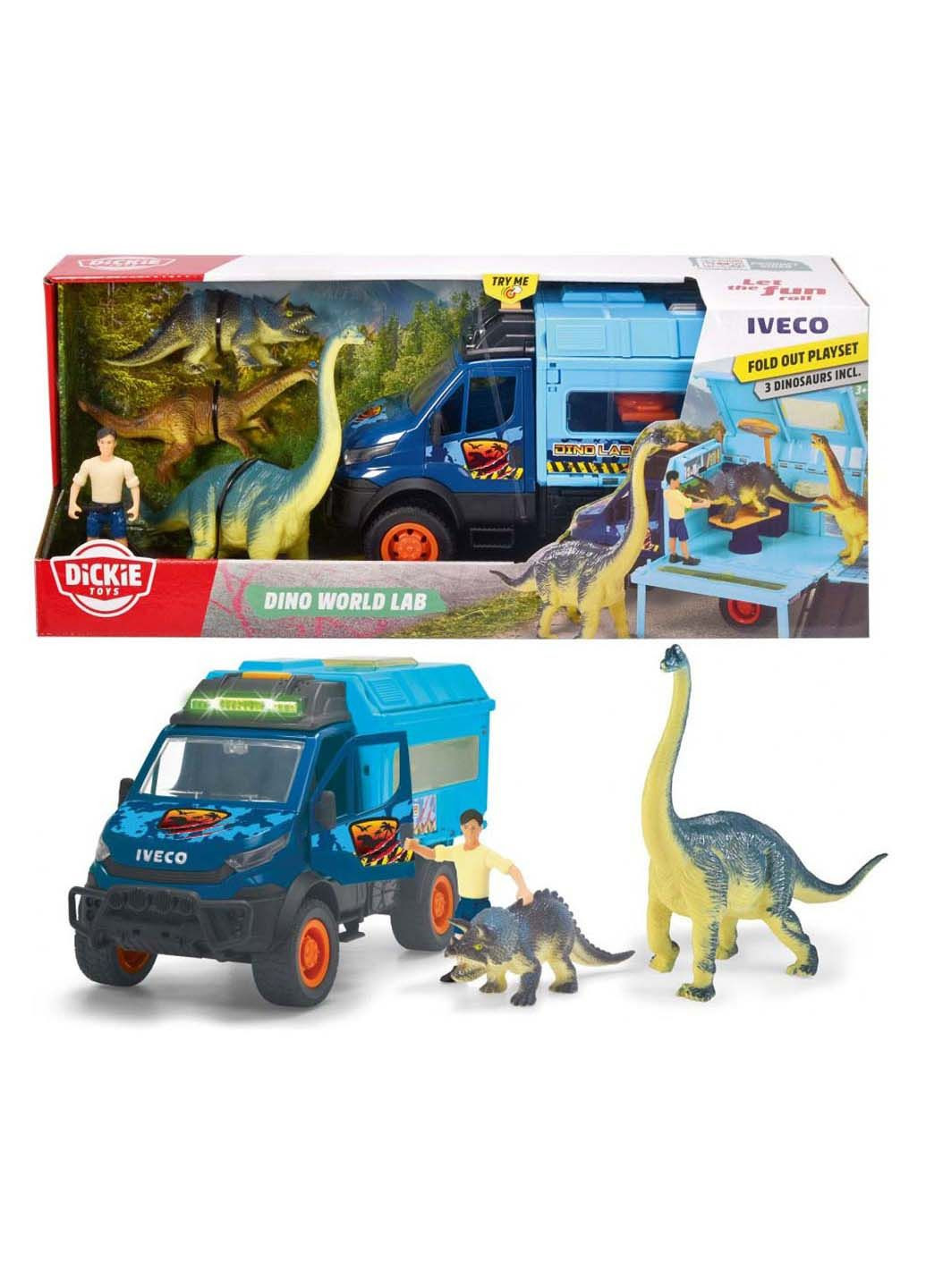 Іграшкова вантажівка Iveco Daily 4x4 та 3 фігурки динозаврів Dickie toys (278082669)
