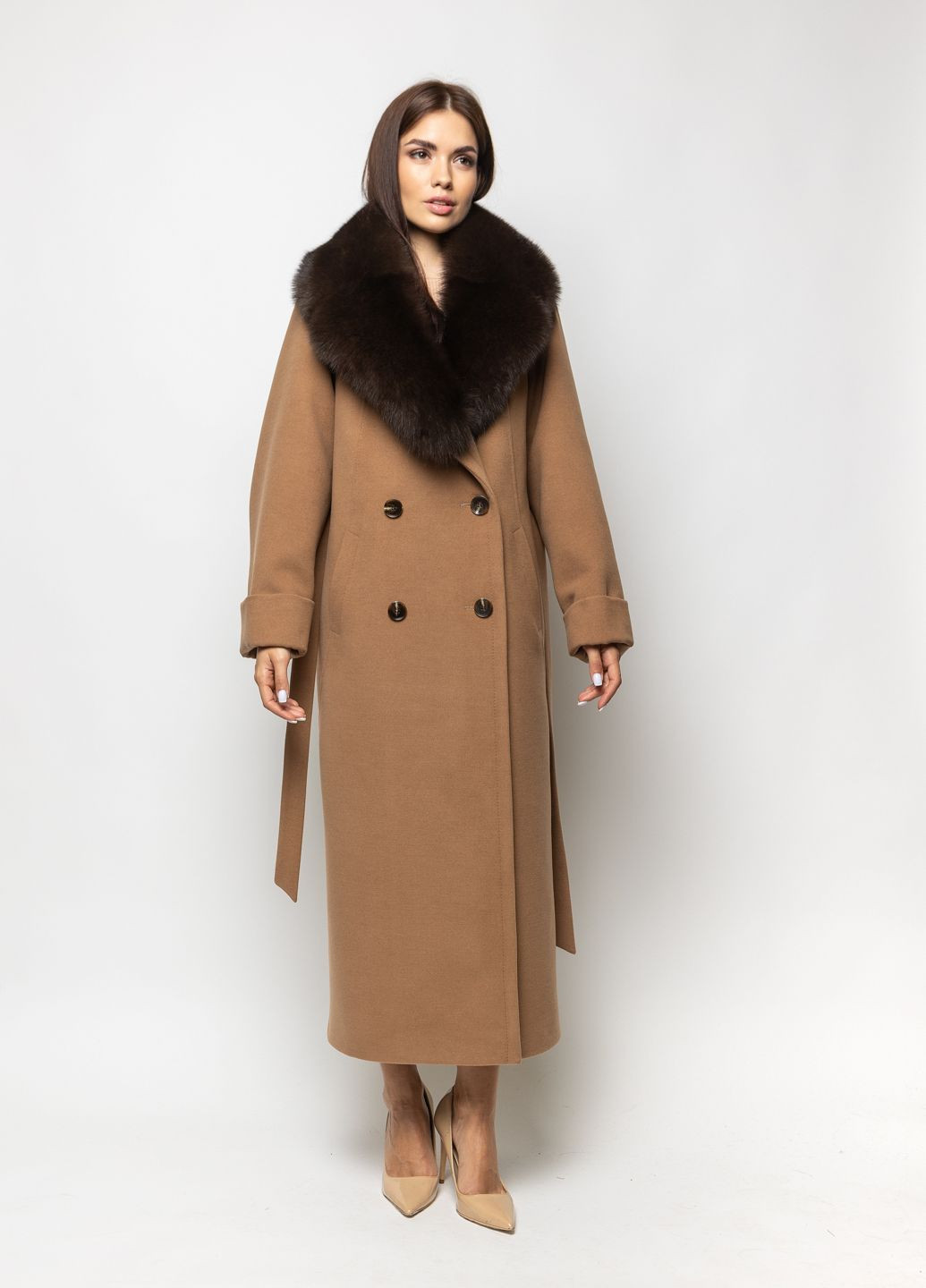 Бежеве демісезонне Пальто класичне жіноче Марсель хутро оверсайз O`zona milano