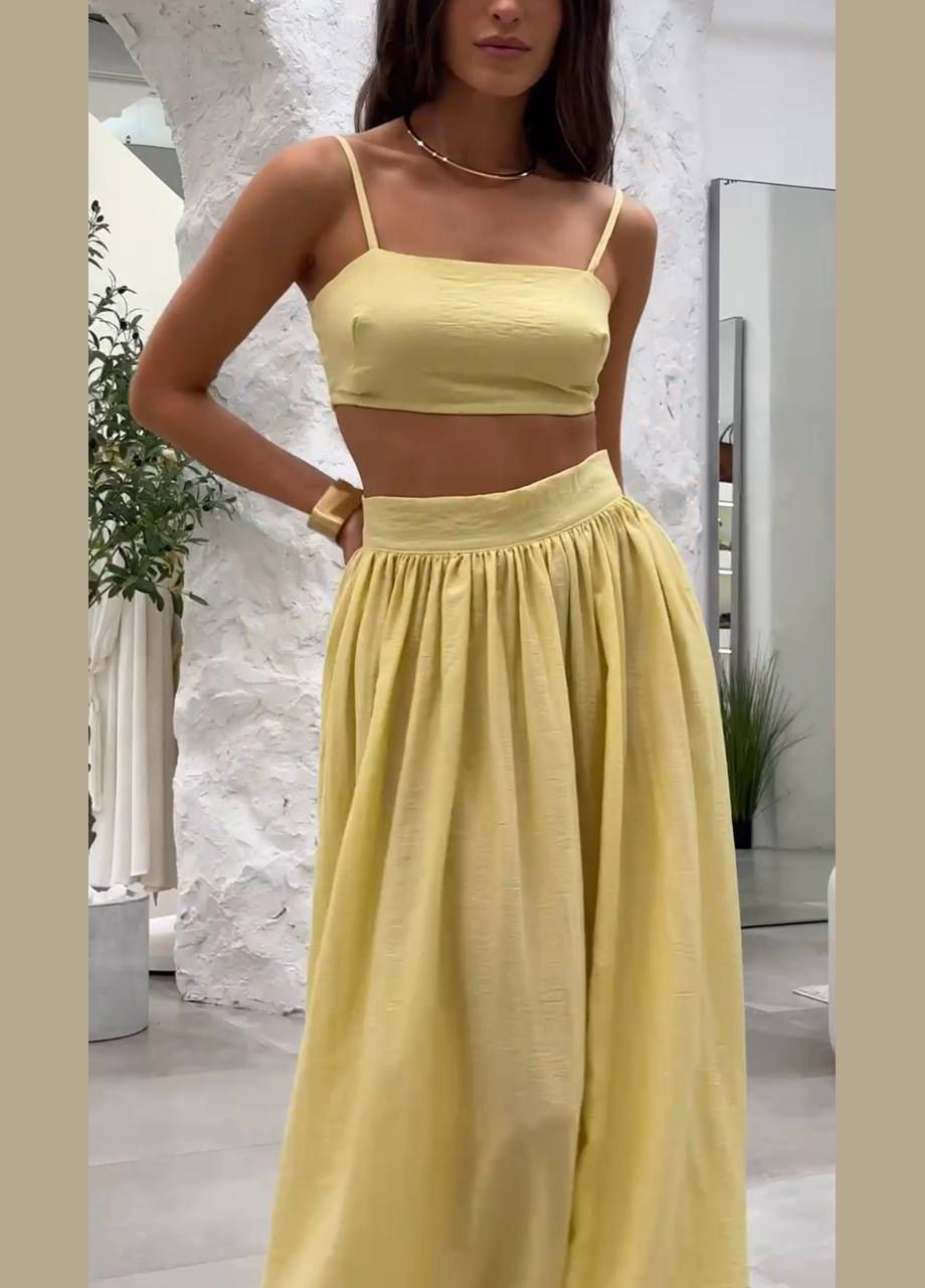 Відмінний костюм для спекотної літньої погоди (топ + широка спідниця) лимонного кольору No Brand 1242 (342724062)
