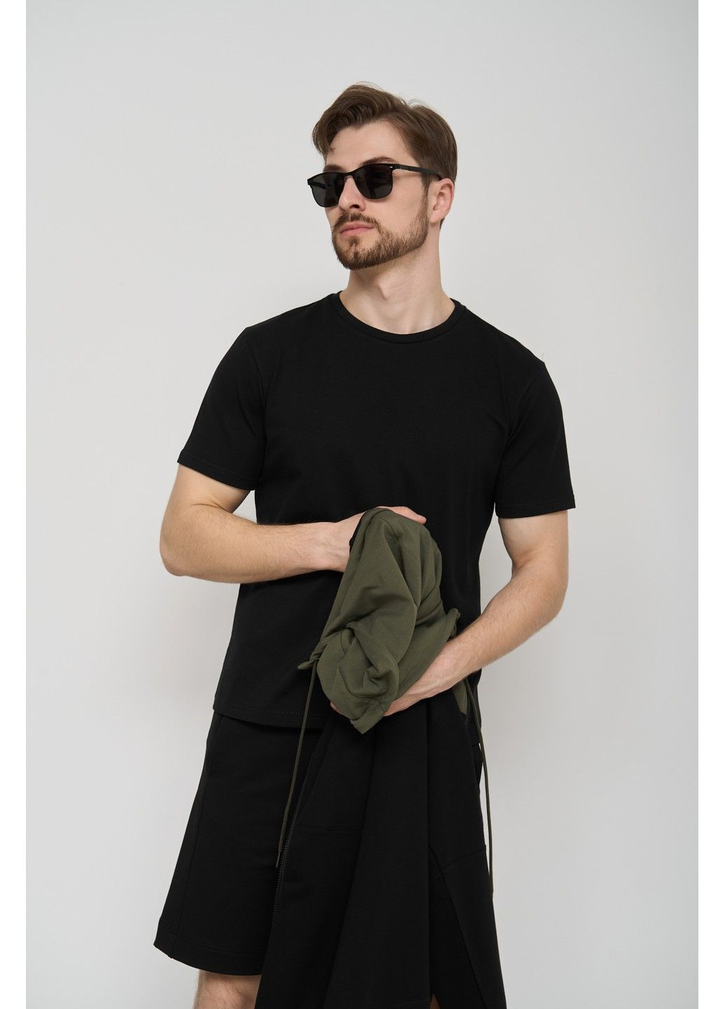 Спортивный костюм мужской ТРОЙКА лето SUMMER с кофтой на замке + шорты + футболка черный хаки Handy Wear (293275170)