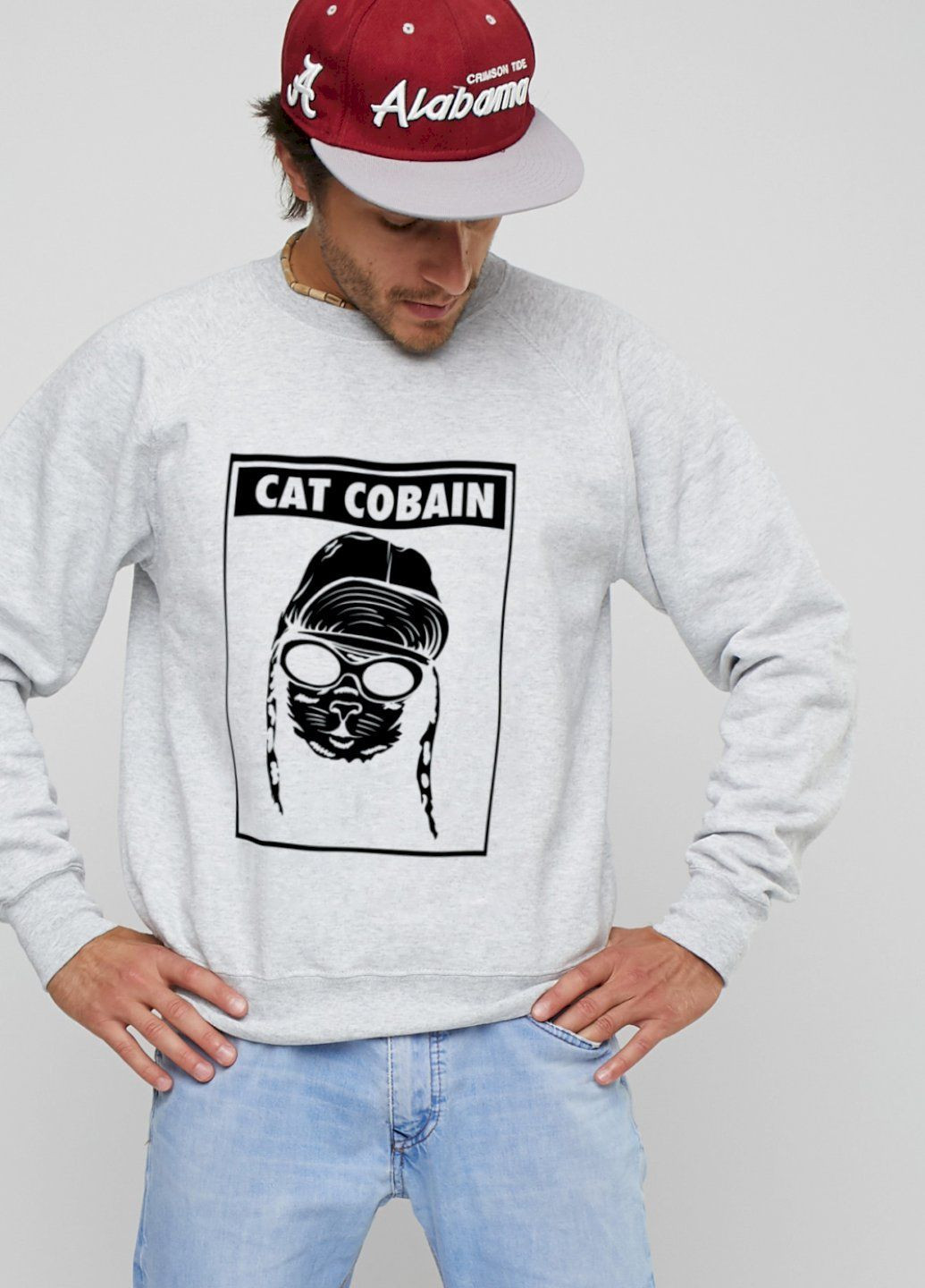 Сірий світшот чоловічий сірий "cat cobain" YAPPI малюнок (303772904)