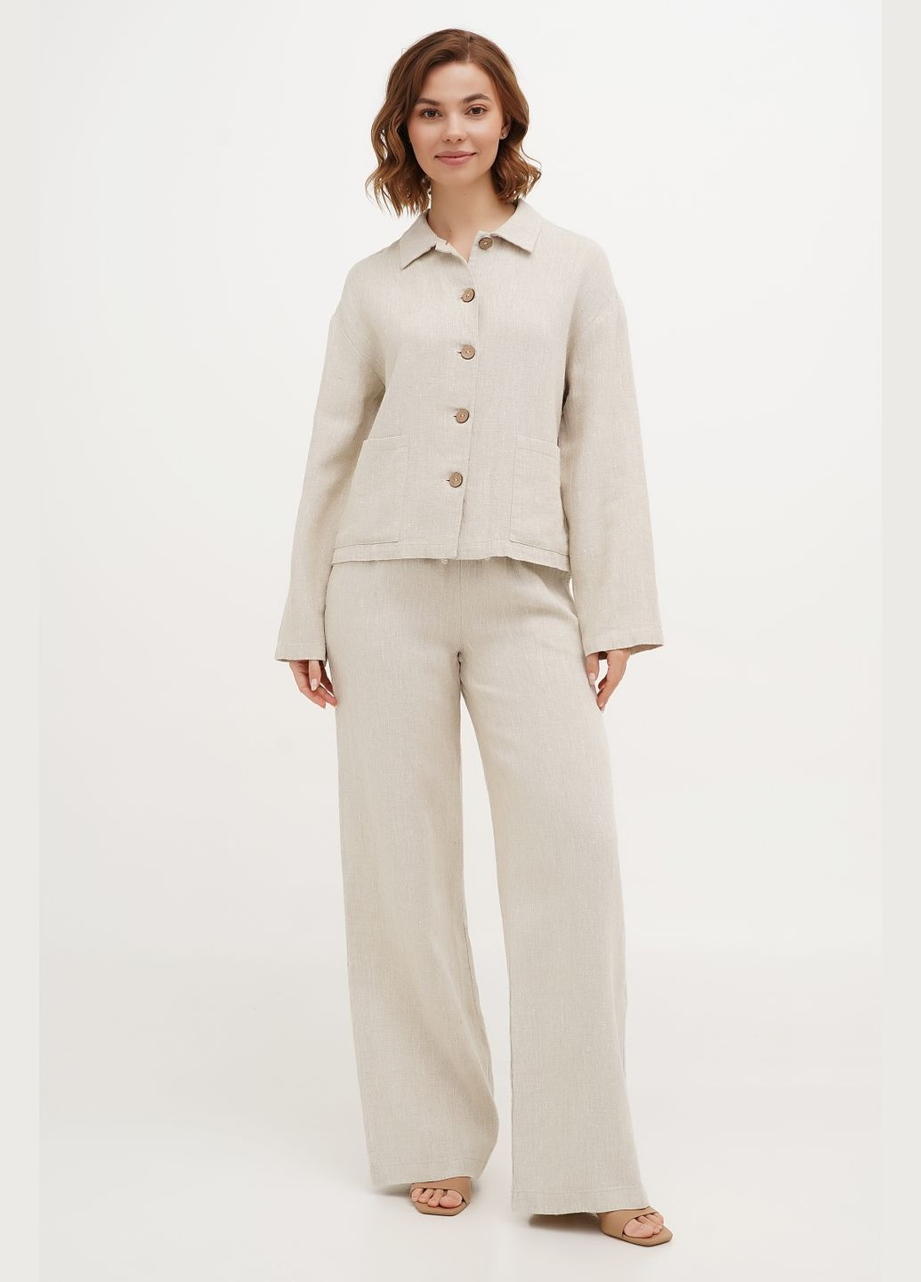 Бежевый женский женский льняной жакет на пуговицах без подкладки с карманами риана. белый, р.48, код 5408/48/101 ГАЛЕРЕЯ ЛЬОНУ - демисезонный