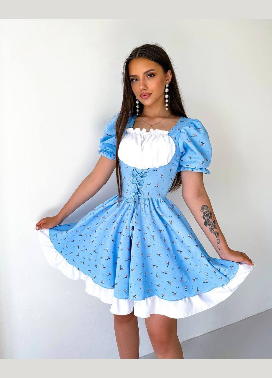 Голубое шикарное летнее короткое платье в цветочном принте в баварском стиле, красное платье с открытым декольте и коротким рукавом No Brand