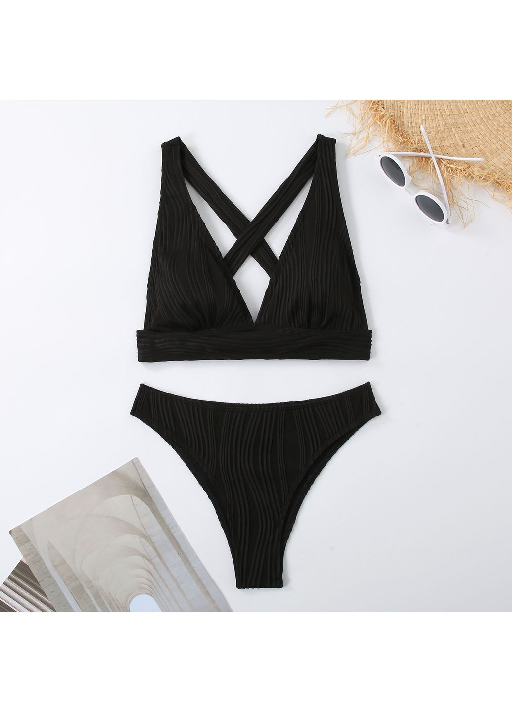 Черный женский раздельный фактурный купальник с завязками на спине factura черный No Brand