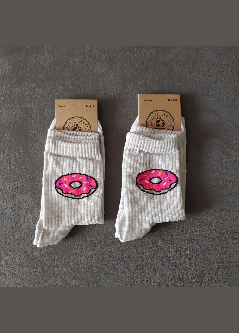 Серые модные серые высокие носки прикол с принтом пончик (302002691)