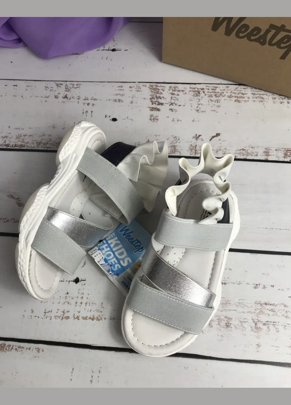Серые повседневные, праздничные, коктейльные, вечерние сандалии босоножки детские для девочек бело-серый (549) Weestep на резинке