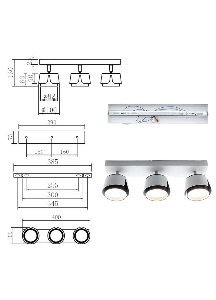 Светильник TELA 3xGX53-3R-DL-400x100x130-WHITE/BLACK-220-IP20 No Brand (398901592)