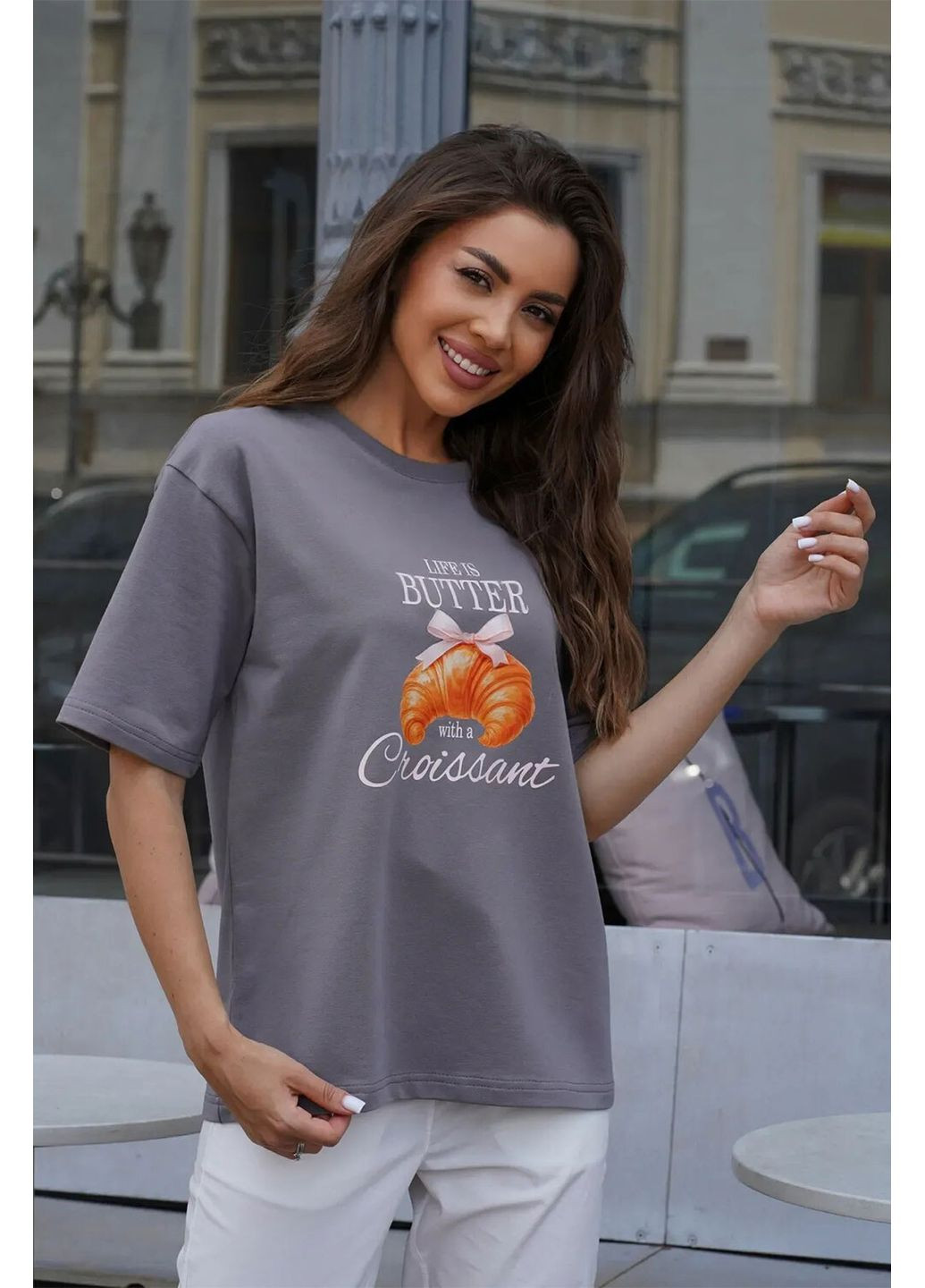 Футболка женская оверсайз с принтом Croissant базовые футболки женские из хлопка Серая Teamv - (350619628)