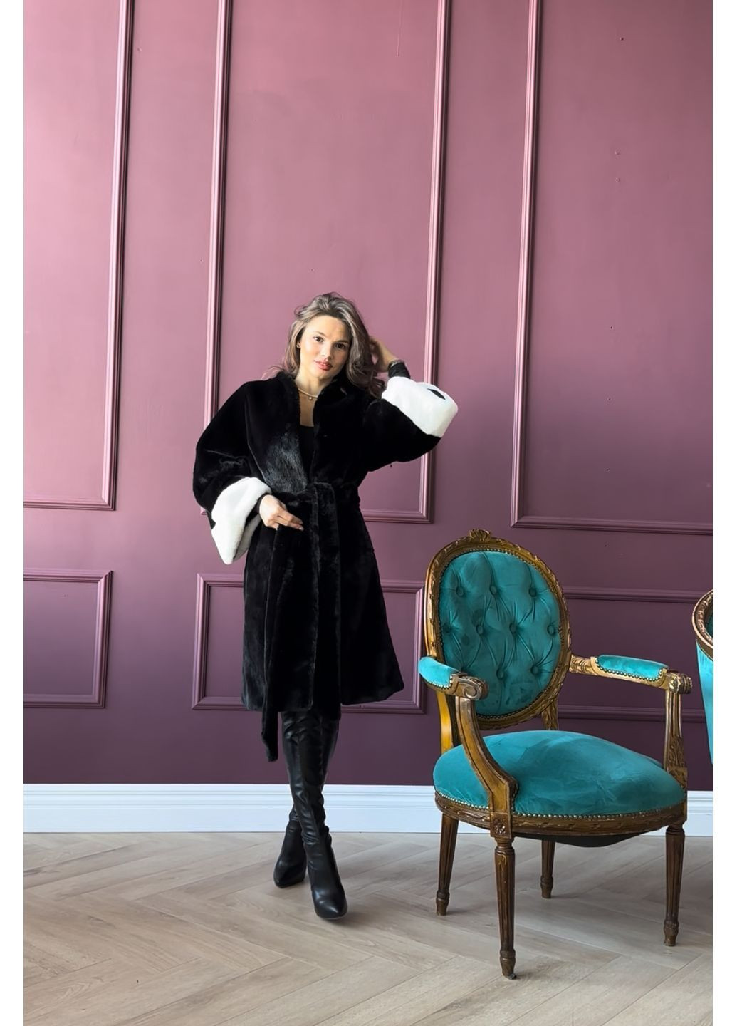 Шуба из искусственного меха норка чёрная с белым No Brand (369151124)