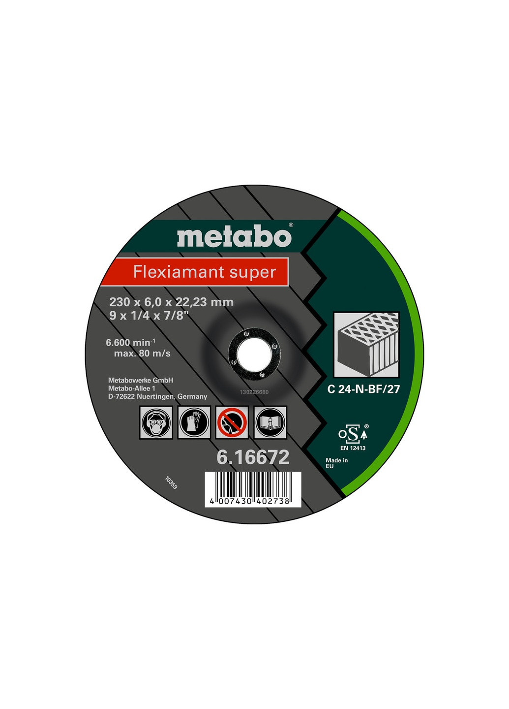 Обдирочный круг Flexiamant Super 230x6,0x22,23 мм, по камню, C 24N 616672000 (8421) Metabo (267819266)