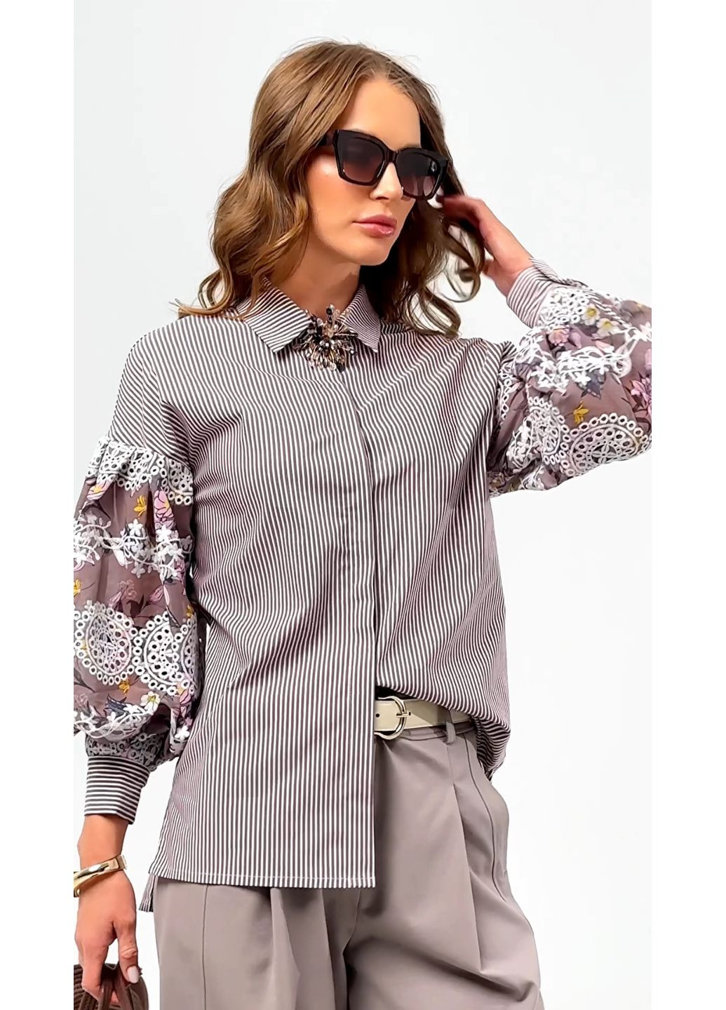 Комбинированная полосатая блуза с эксклюзивным вышитым рукавом - ua42 / eu36 Iren Klairie