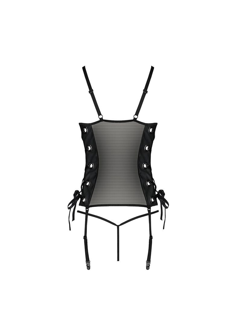 Сітчастий корсет з люверсами та знімними пажами MALWIA CORSET L/XL black, екошкіра, стрінги Passion (369951798)