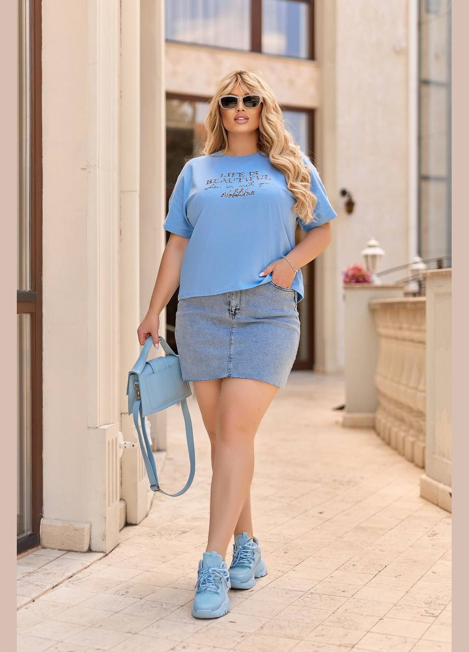 Базовая женская футболка с надписью голубого цвета 28455 N Fashion - (297982865)