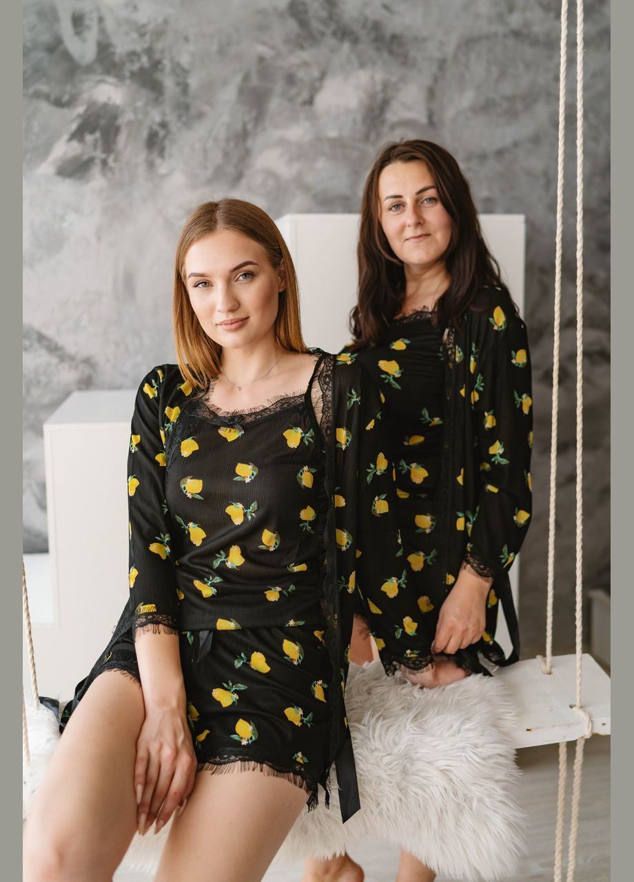 Черная всесезон отличный комплект тройка (халат+майка+шорты) женский лимончики майка + капри ARCAN