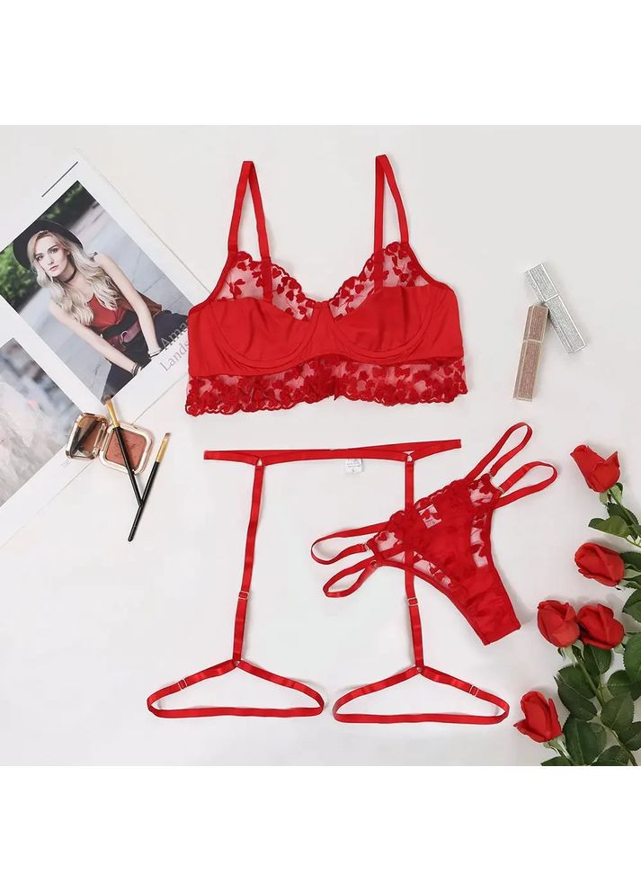 Червоний демісезонний мереживний комплект із поясом. мереживна спідня білизна з принтом сердець. жіноча прозора спідня білизна s, червона China