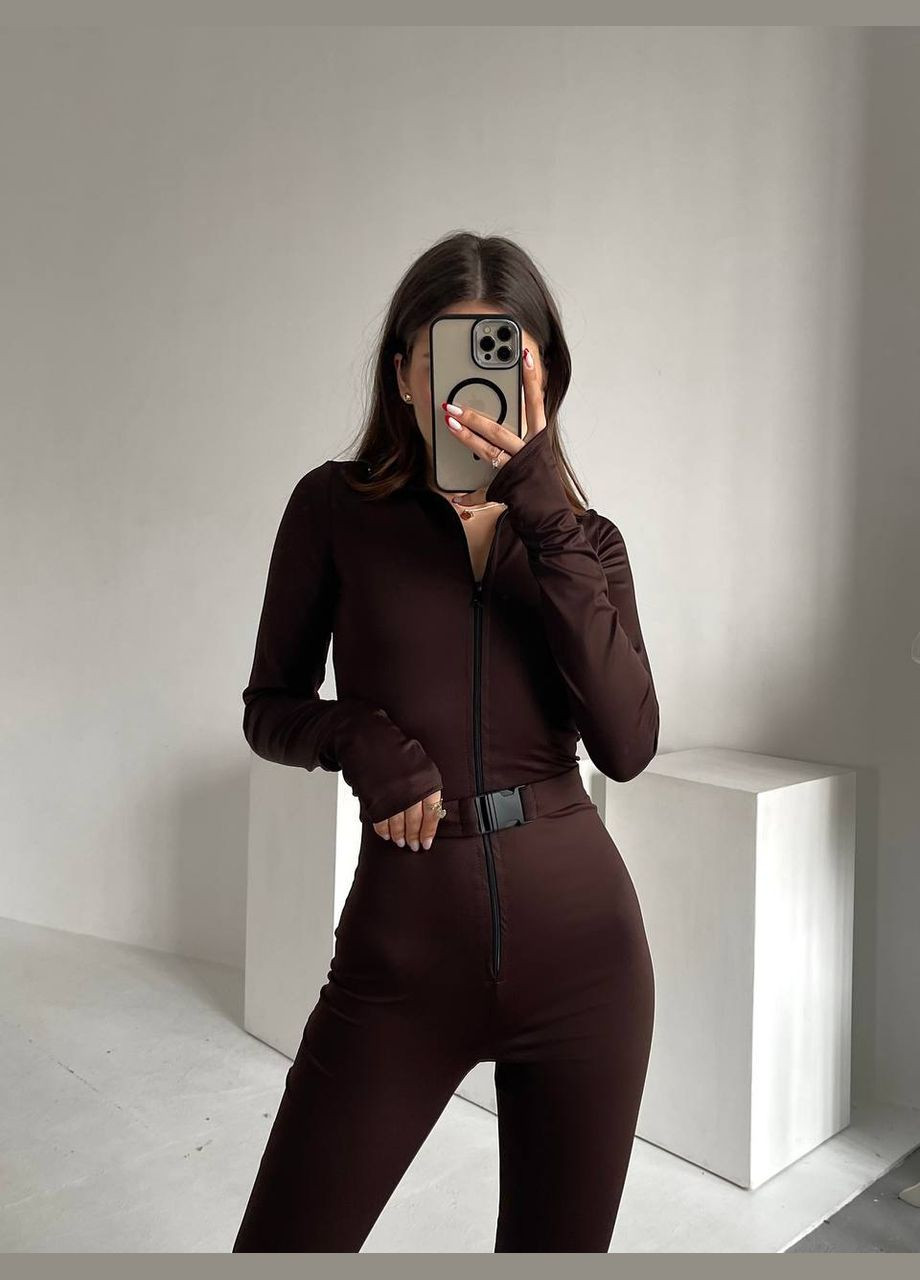 Женский приталенный комбинезон с поясом. Avanti комбинезон-брюки однотонный коричневый повседневный, кэжуал дайвинг