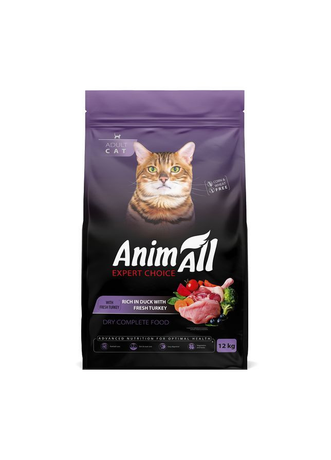 Повнораціонний сухий корм для котів зі свіжою індичкою та качкою, 12 кг AnimAll (362027431)