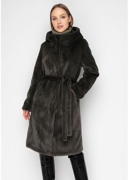 Пальто с капюшоном из экомеха 1062-1M-C Хаки Винтаж/ Хаки Винтаж SAM S Samange (367724738)