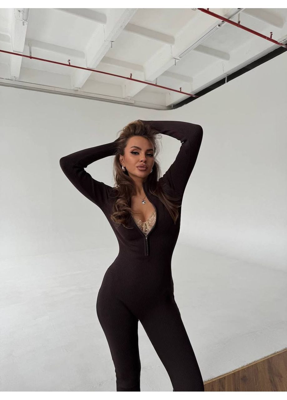 Жіночий комбінезон утепленний FINO Mode комбінезон-брюки однотонний коричневий спортивний, повсякденний, вечірній, домашній, кежуал трикотаж