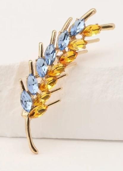 Брошка булавка колосок пшеницы со стразами Желто-Голубая, брошь No Brand (298875183)