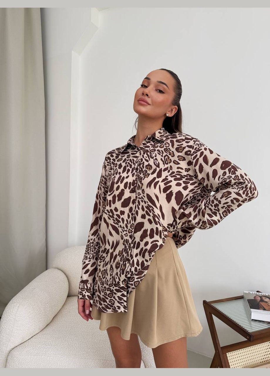 Бежевая праздничный, коктейльный, карнавальный, кэжуал, вечерний рубашка леопардовый No Brand с длинным рукавом