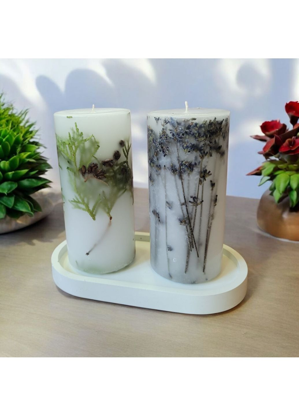 Набір декоративних свічок ручної роботи свічки ароматичні у наборі з 2 шт на підставці з гілочками хвої та лаванди Handmade Studio - AV (368668744)