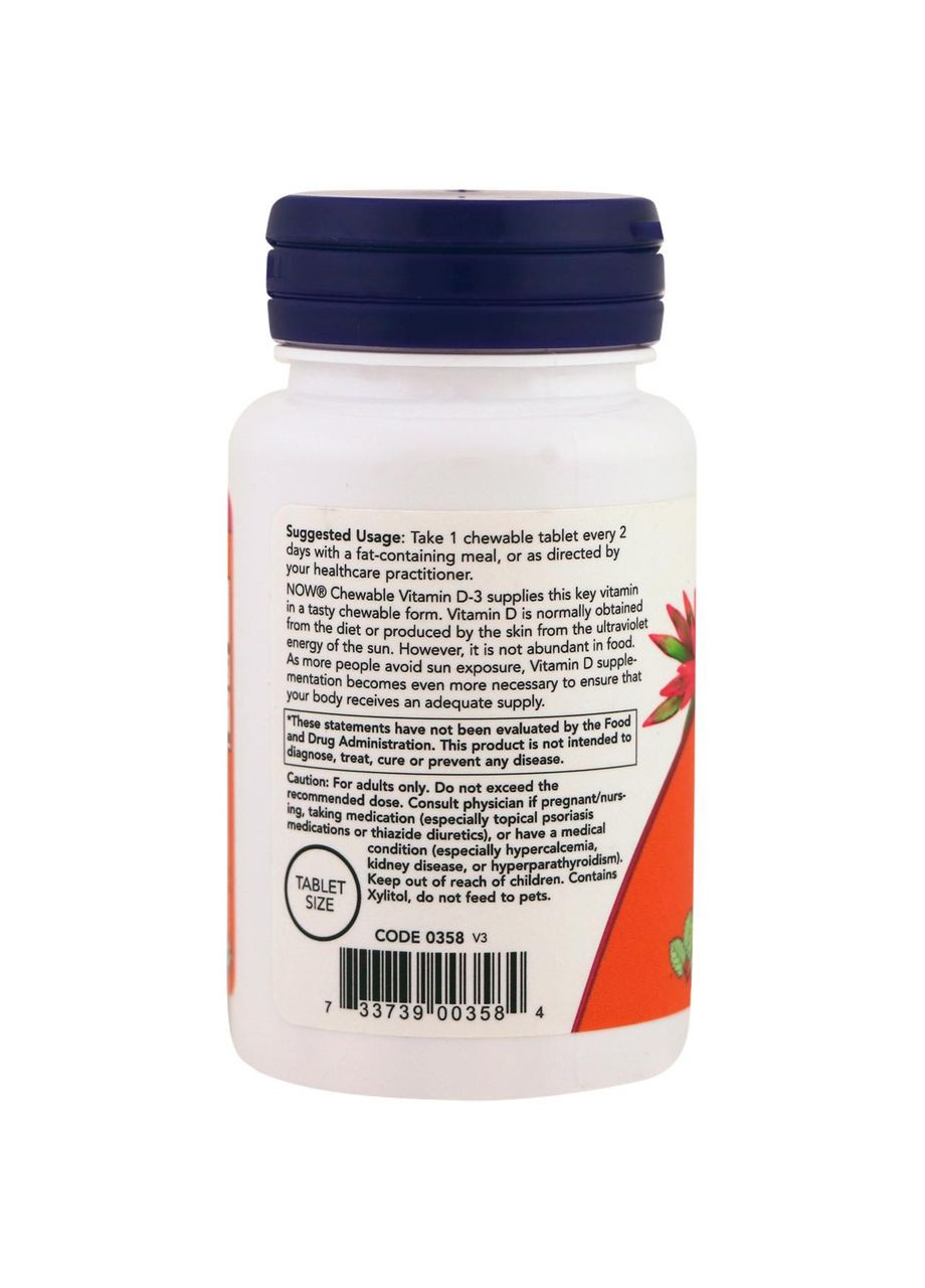 Витамин Д3, Vitamin D-3,, мята, 5000 МЕ, 120 жевательных таблеток Now Foods (364312863)