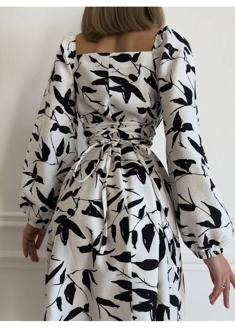 Белое кэжуал женское платье с длинными рукавами и разрезом. клеш Україна с цветочным принтом