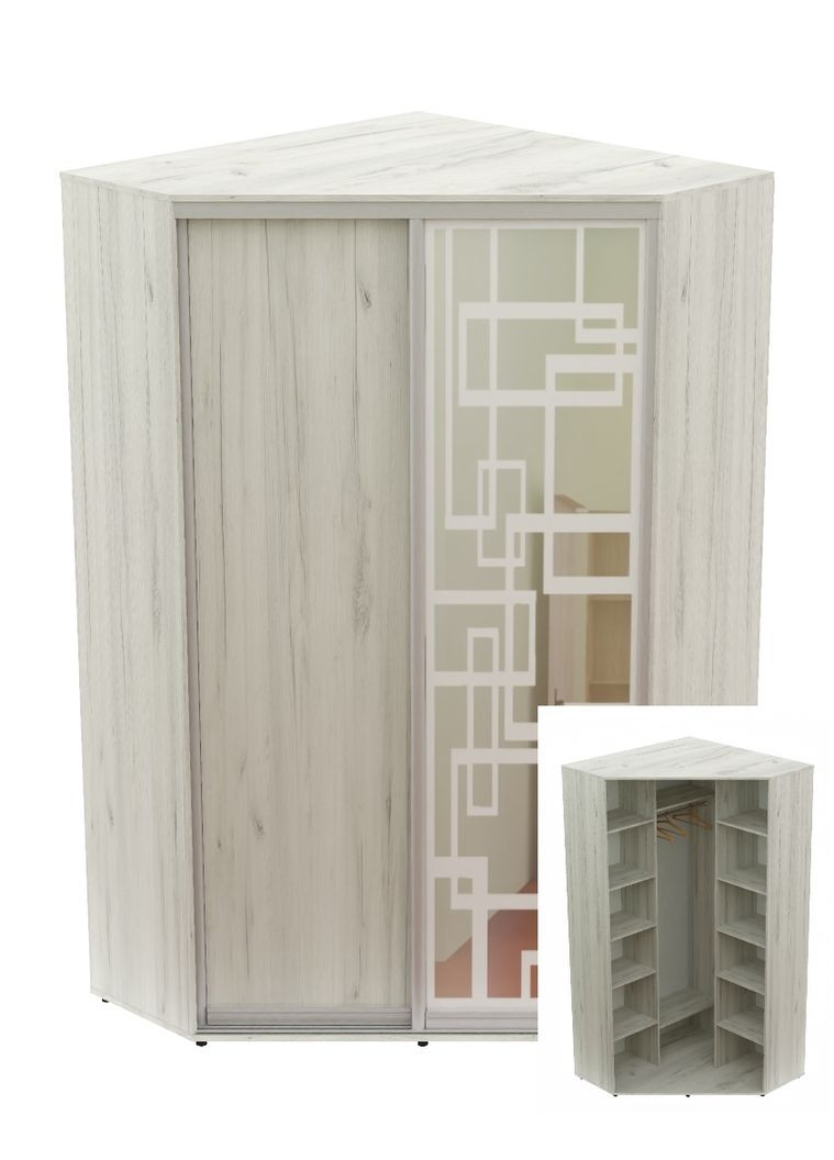 Шкаф-купе двухдверный угловой 130*130*230 Дуб крафт белый ДСП/Зеркало с пескоструйным рисунком Угол-3 Алекса (360458034)