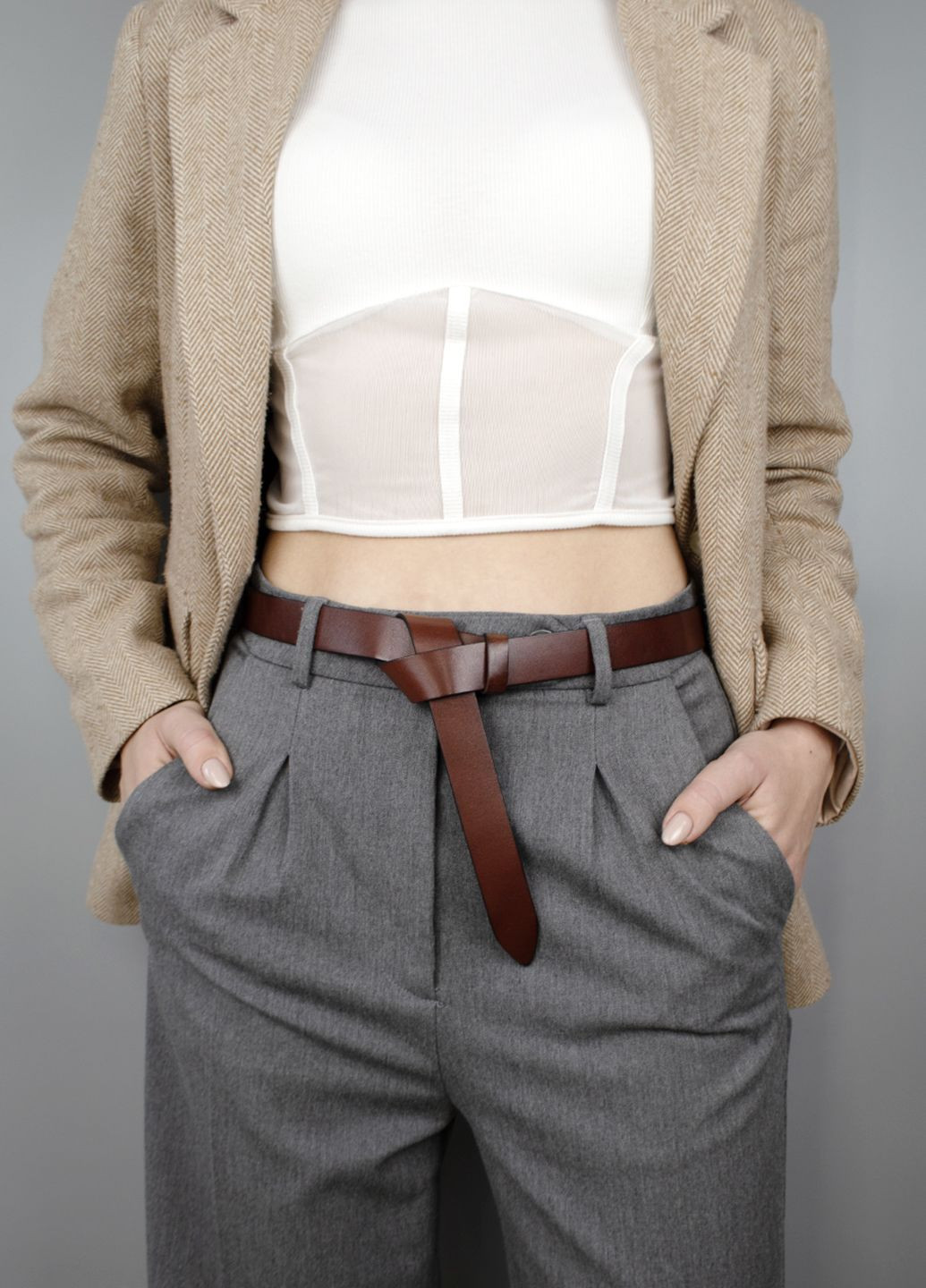 Ремень-узел женский кожаный без пряжки SF-258 коричневый (125 см) SFIP (308022688)