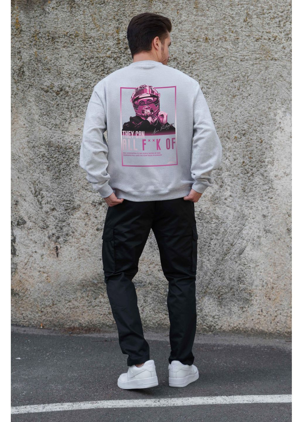 Сірий чоловічий утеплений оверсайз світшот на флісі з принтом verstappen Without однотонний без декору (361267561)