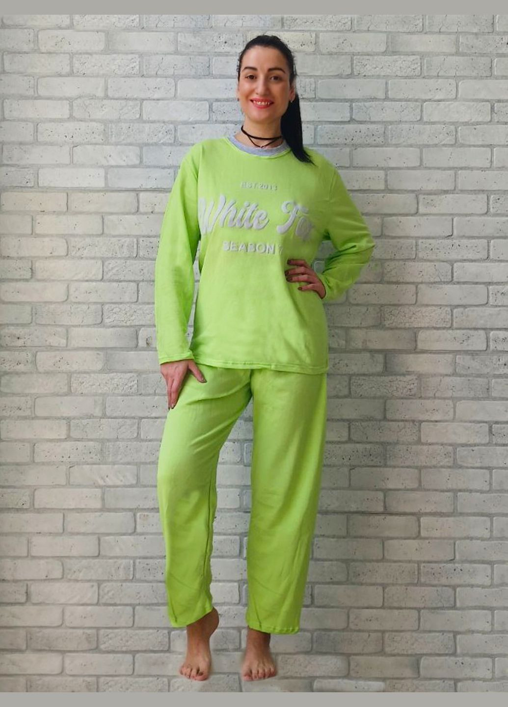 Комбінована всесезон піжама тепла жіноча на байці батал, кофта з довгим рукавом і штани, колір жовтий, зелений накат white fox, начіс No Brand
