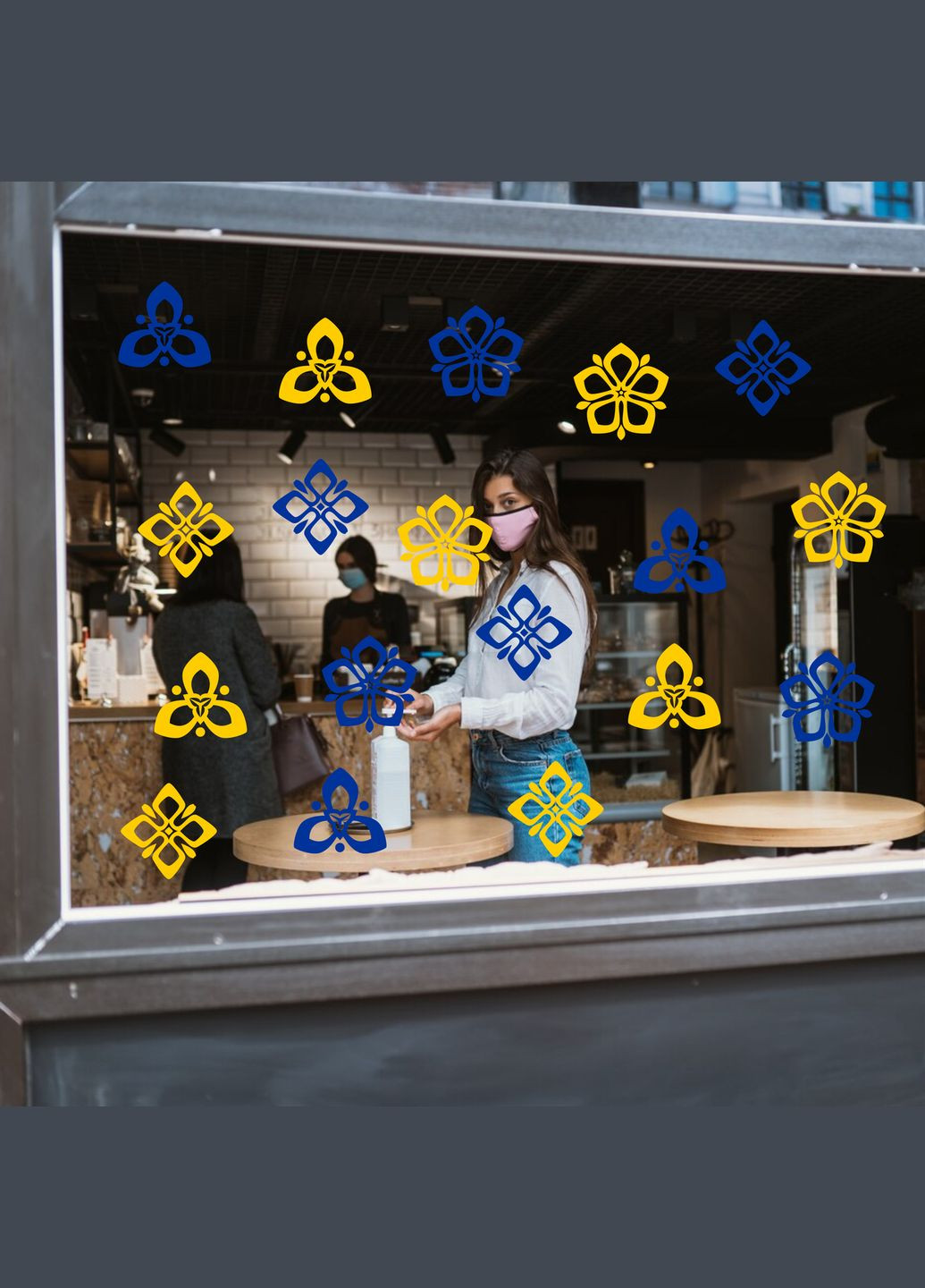 Наклейка вінілова інтер'єрна декор на вікно (вітрину, скло, дзеркало) "Квіти. Сині та жовті Квіти" з оракалу Кавун (316116128)