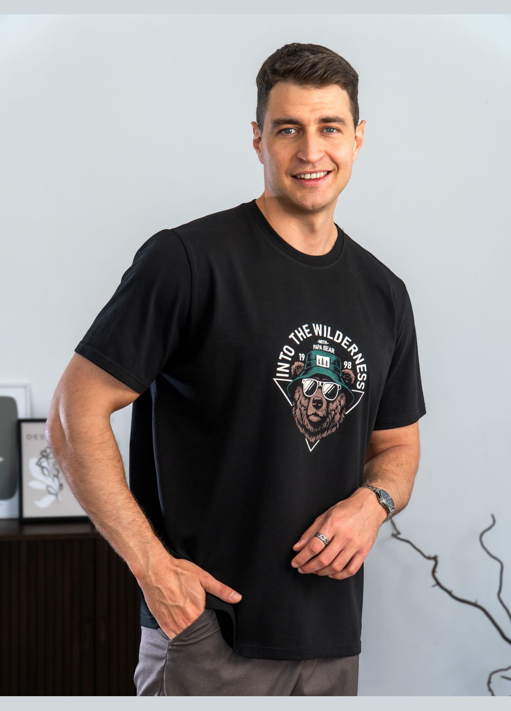 Чорна чоловіча футболка з принтом bear трикотажні футболки з бавовни чорна 4xl з коротким рукавом Teamv