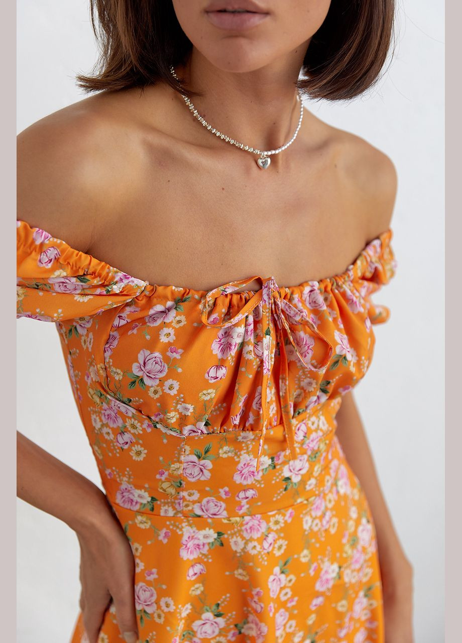 Оранжевое повседневный женское летнее платье мини в цветочный принт 6574 Lurex с цветочным принтом