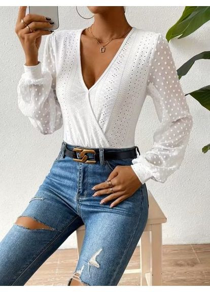 Боди с вышивкой, белое, полупрозрачные рукава, V-вырез, размер (арт. 367) No Brand (366889624)