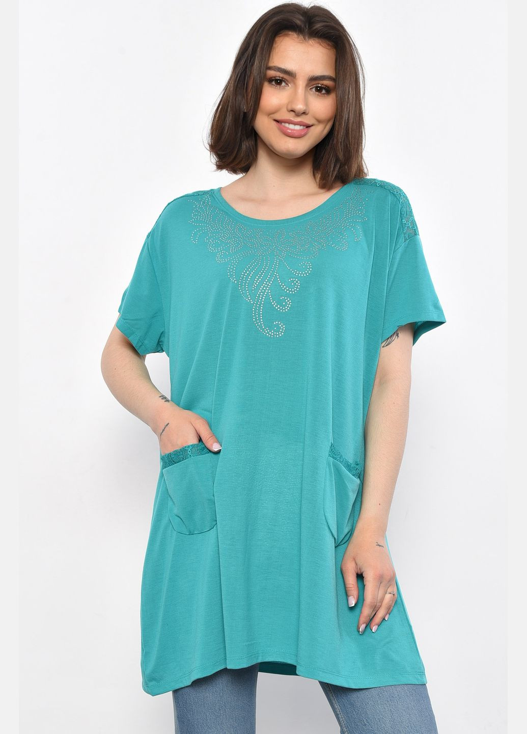 Бірюзова літня футболка жіноча батальна бірюзового кольору Let's Shop