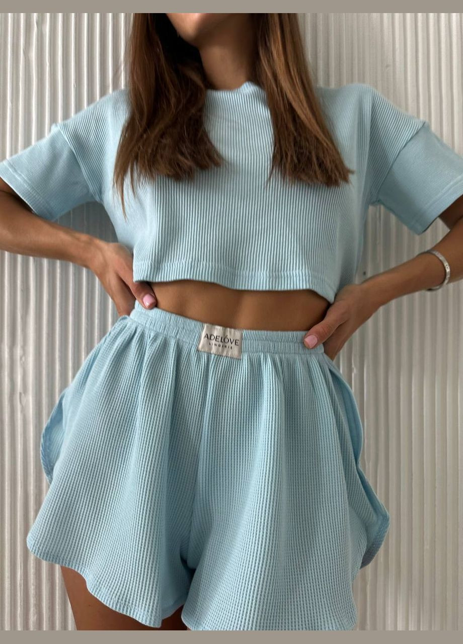 Блакитна всесезон жіноча легка стильна естетична літня фрезова піжама топ з рукавами та шортами топ + шорти No Brand Піжама