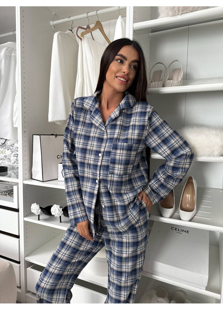 Синя всесезон жіноча піжама в клітинку сорочка + брюки FINO Mode
