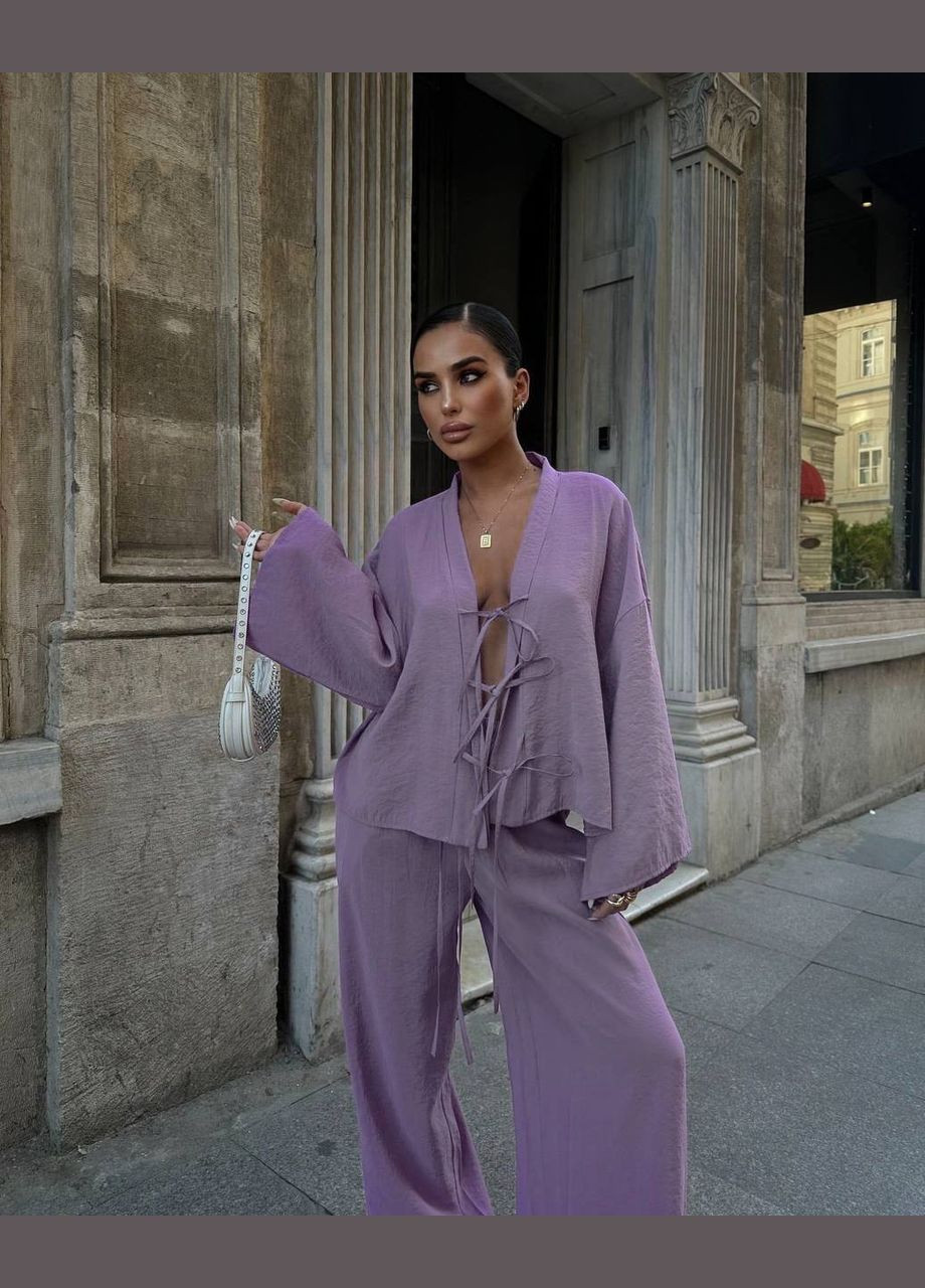 Літній кольори фіалка костюм двійка з відкритим грудьми (на шнурівці) з американського крепу,класний однотонний костюм 2-ка No Brand 873-2 (295958638)