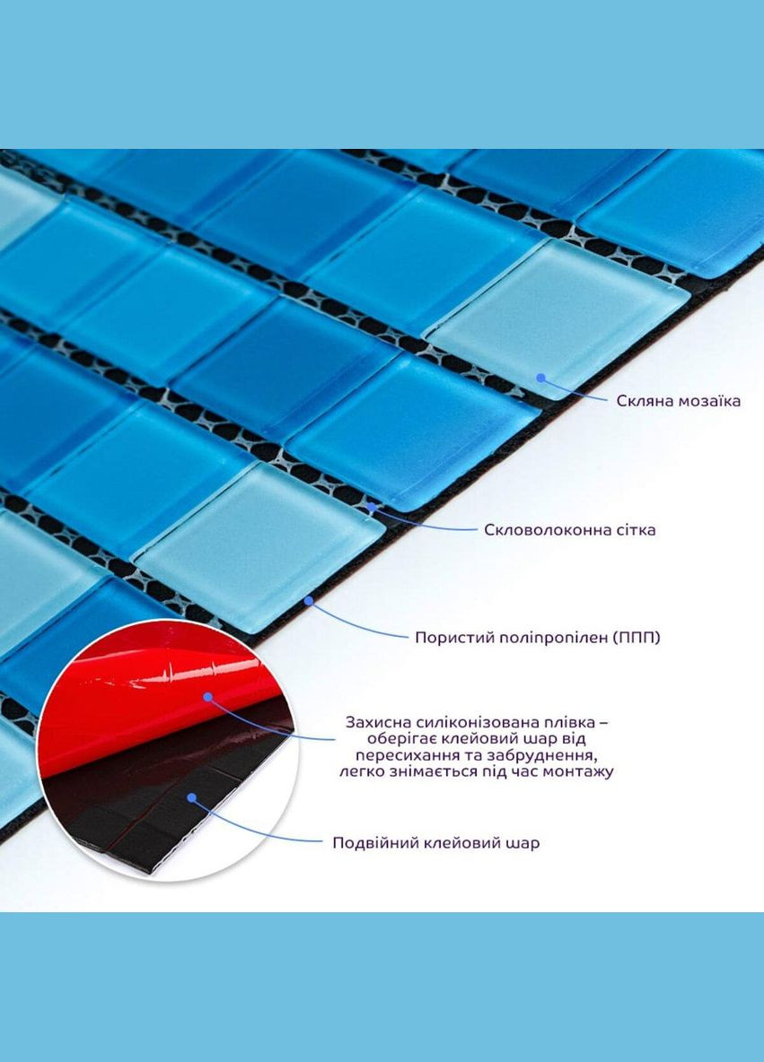 Мозаїка з декоративного скла блакитна 298х298х4,5мм 3DPanda-2354 Sticker Wall (323155085)